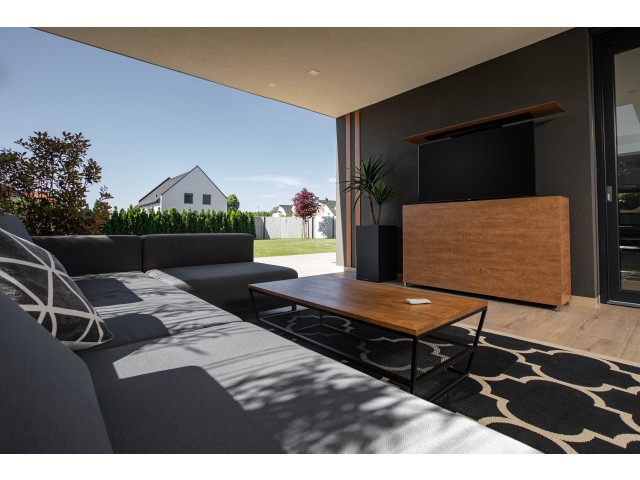 Outdoor TV lift cabinet - compact laminate in wood decor